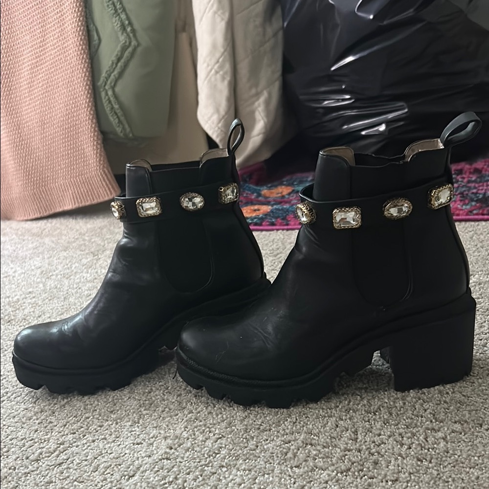STEVE MADDEN Black Ankle Boots with Gem Accents